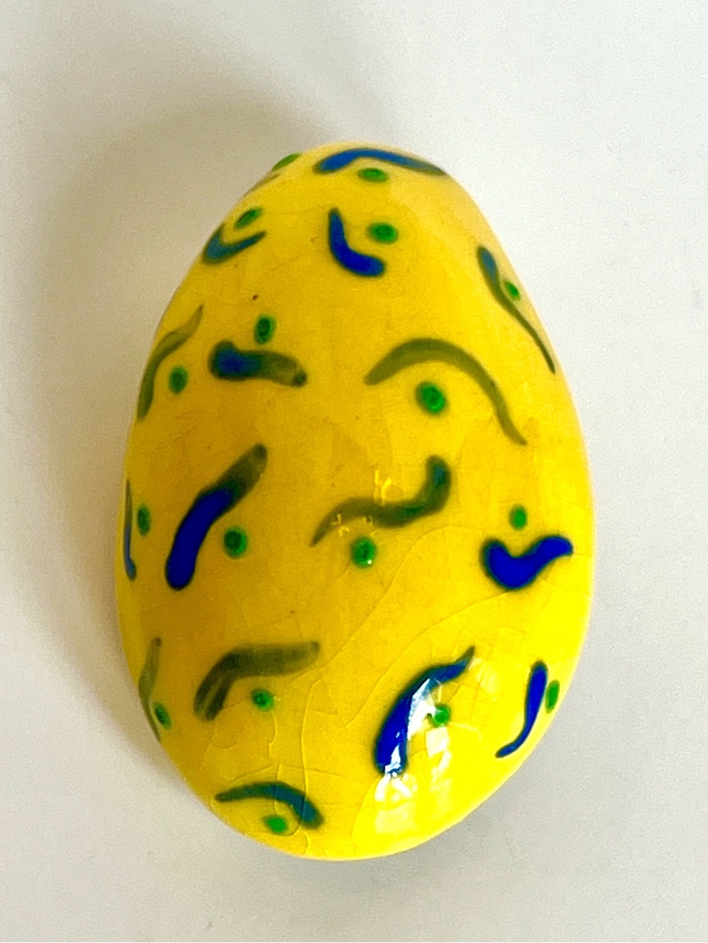 Hand Crafted Yellow Easter Spring Egg Brooch with Blue and Green Accents